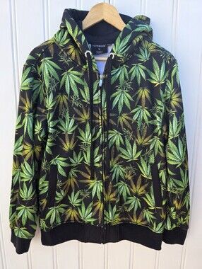 Victorious All Over Print Marijuana Weed Leaf Full Zip Green Hoodie Mens Medium